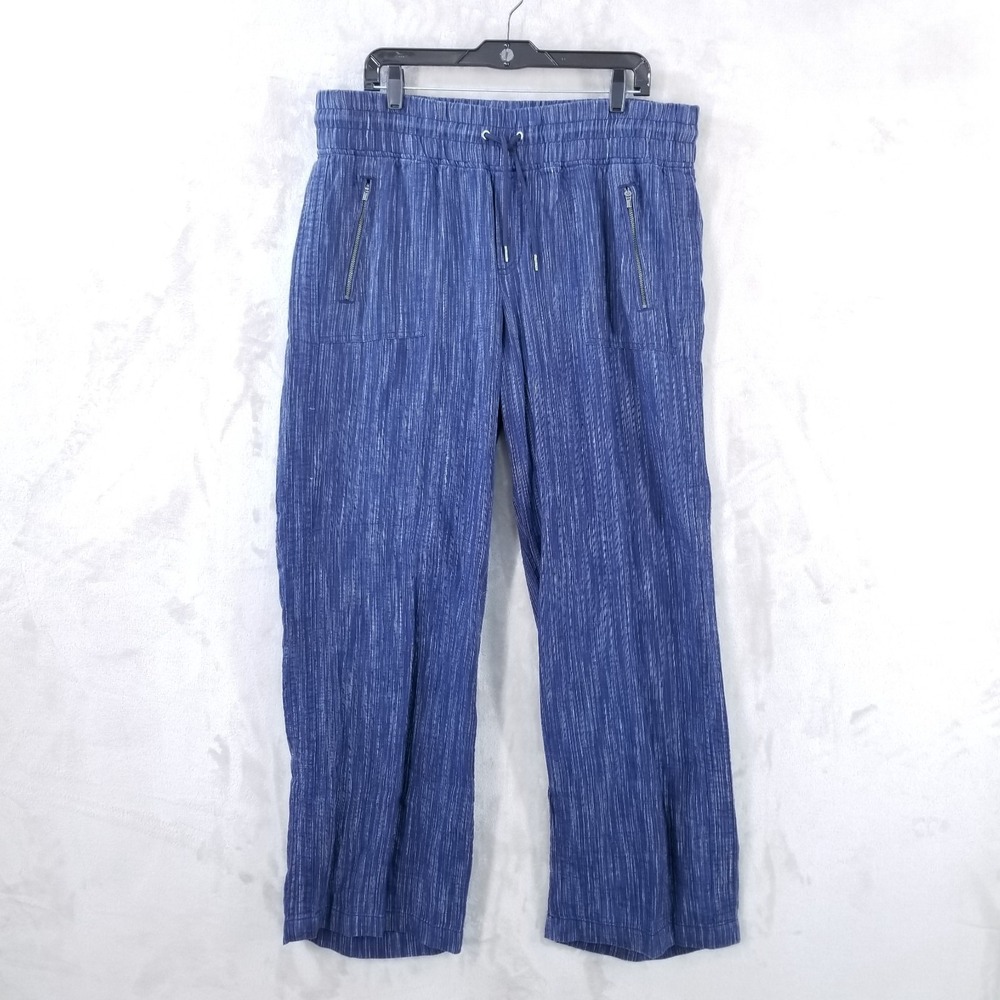 Athleta Linen Wide Leg Pants Women 16 Blue Textured Pull-On Pockets Drawstring